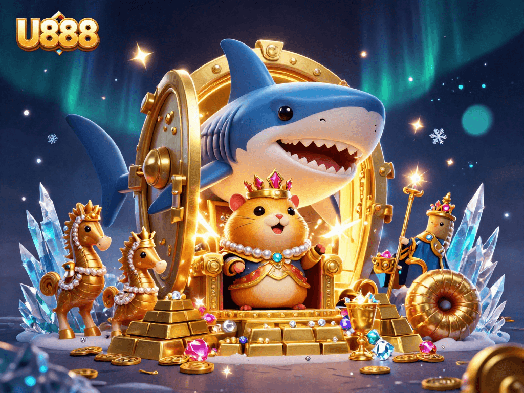 Engage in thrilling gameplay with U888, featuring a golden hamster king in a vibrant 3D casino scene.
