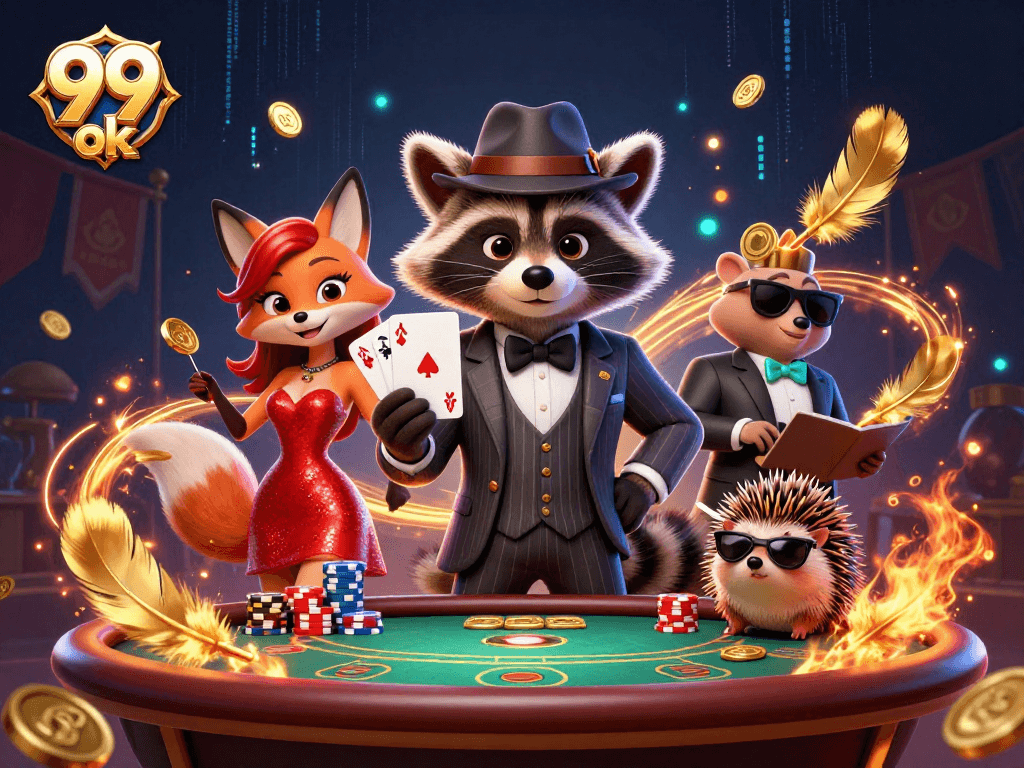 Engage with 99 ok's lively poker scene featuring a raccoon, fox, and hedgehog surrounded by chips.
