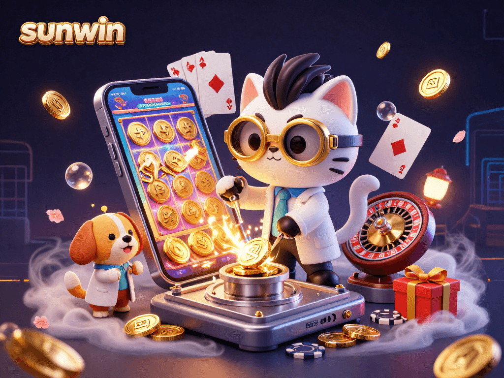 Spin to win with sunwin's delightful 3D cartoon scene featuring a mad scientist cat and golden coins.