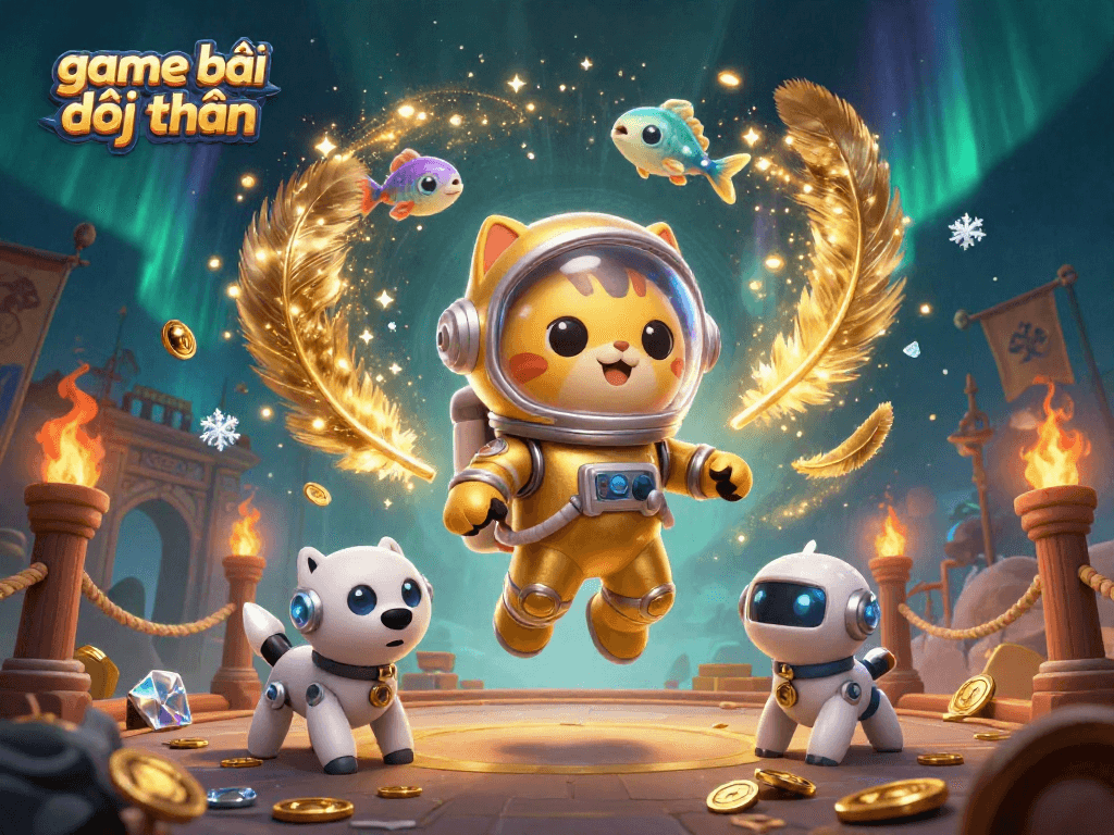 Experience game bài đổi thưởng with a dazzling 3D scene of a space astronaut cat and dramatic casino elements.