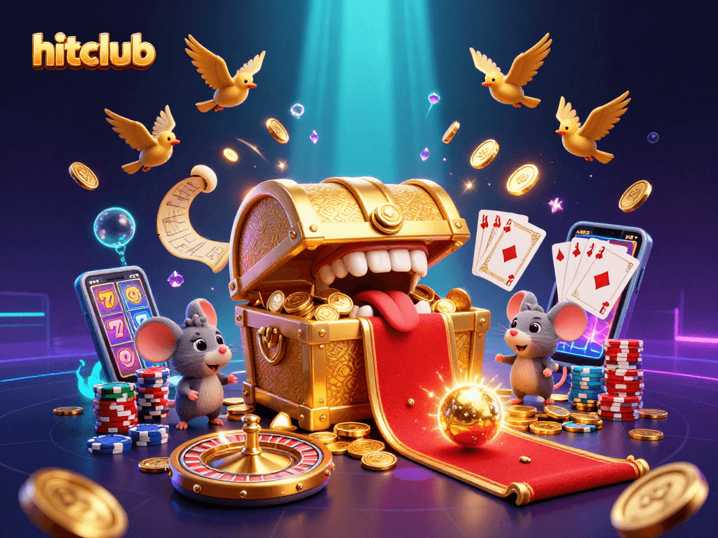 Experience the excitement of hitclub with vibrant 3D characters, golden coins, and thrilling gaming elements.