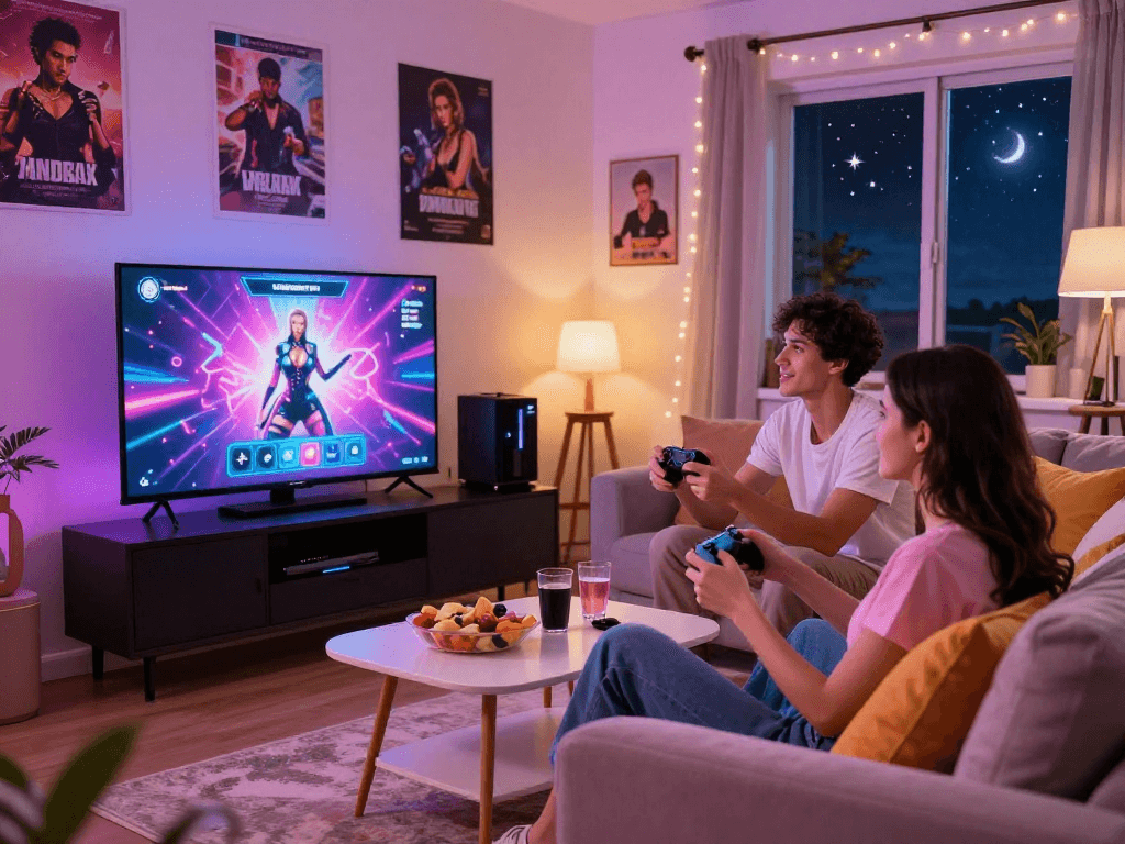 Engaged couple enjoying sex games together in a cozy living room.
