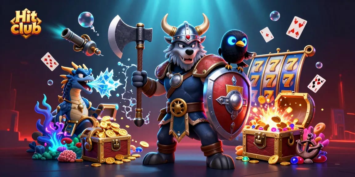 Experience the thrill of Hit club with a Viking warrior, dragon, and vibrant slot reels!