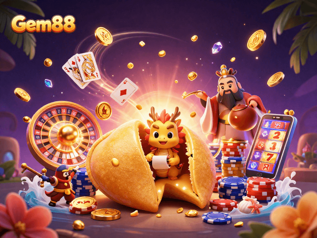 Gem88 casino scene with a golden fortune cookie, wise dragon, and dynamic game elements