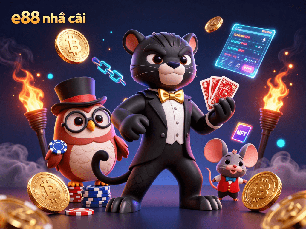 Experience excitement at e88 nhà cái with stylish 3D cartoon characters hosting a dynamic casino game scene full of crypto elements.