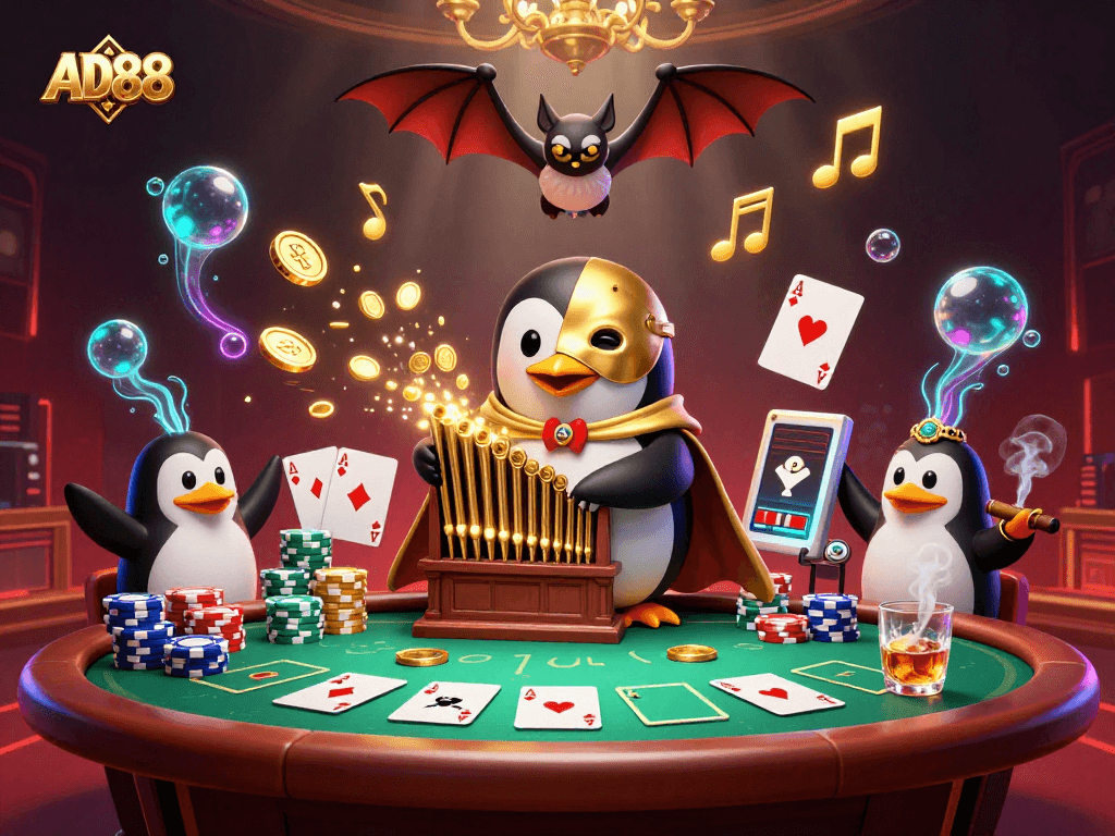 Engage with AD88's thrilling gaming scene featuring vibrant casino elements and characters.
