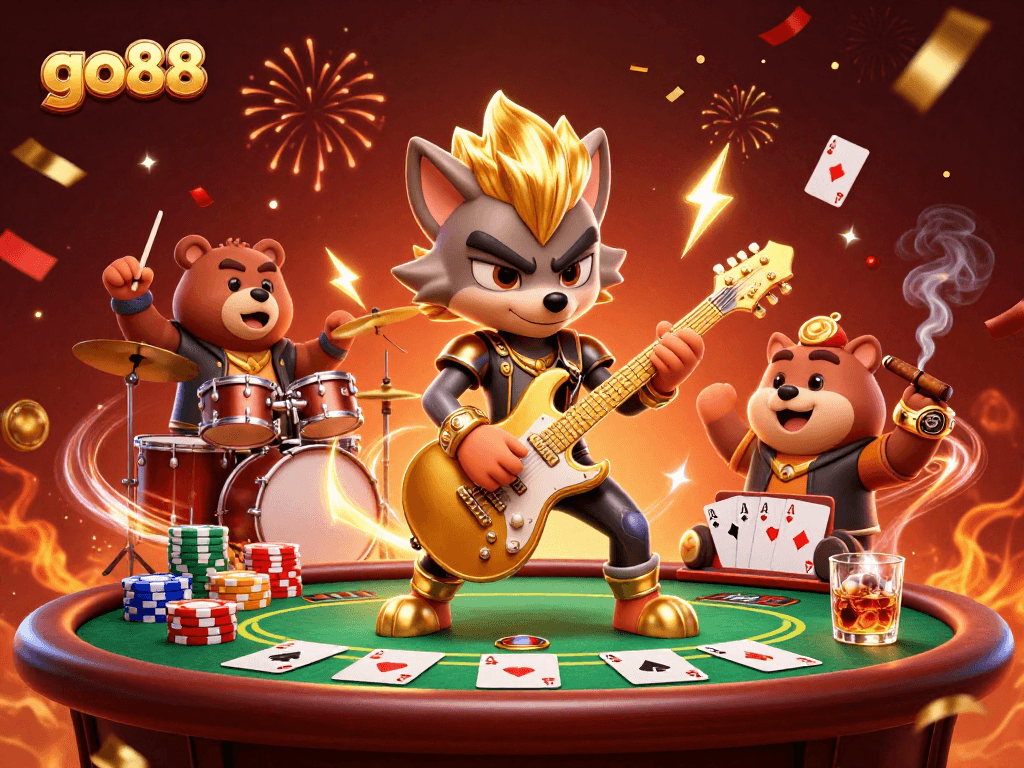 Experience the energetic scene of go88 with a rock star wolf and drummer bear performing at a vibrant casino party.