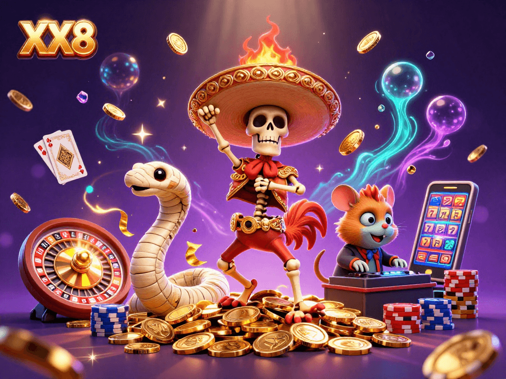 Experience the excitement of XX8 with a vibrant 3D illustration featuring characters and casino elements.
