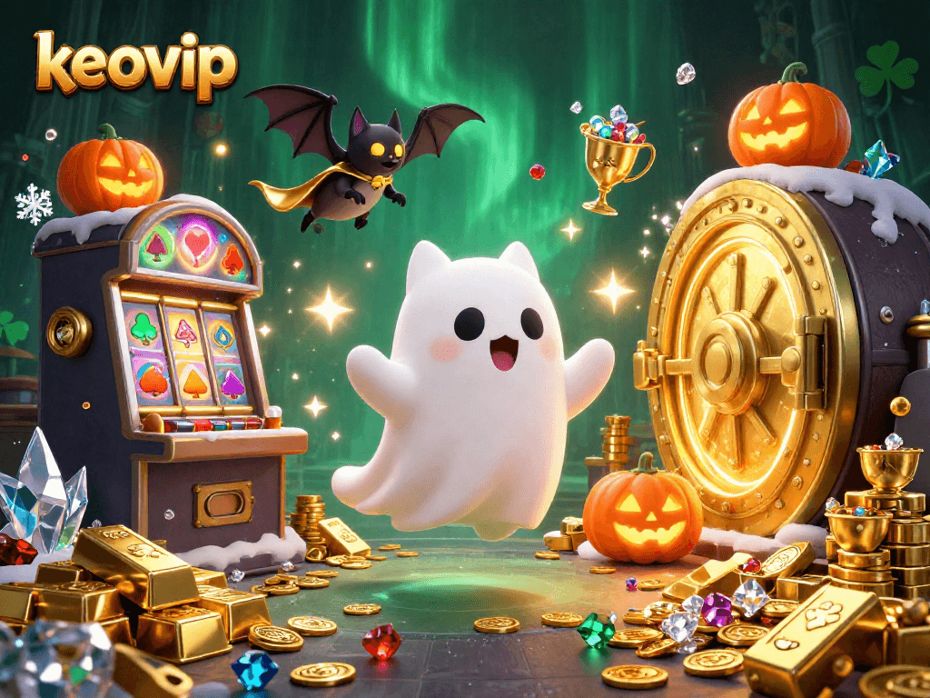 Engage with keovip's haunted casino realm featuring friendly ghost cat, vampire bat, and glowing jack-o-lanterns.