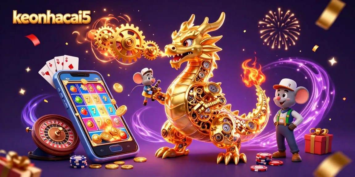 Experience thrilling action with keonhacai5's vibrant slots scene featuring a golden dragon and animated games.