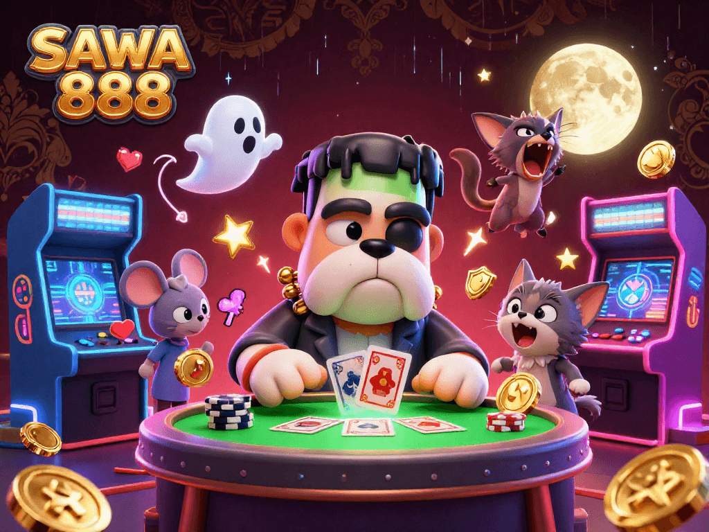 Experience gaming excitement with SAWA 888 in a colorful 3D cartoon casino scene.