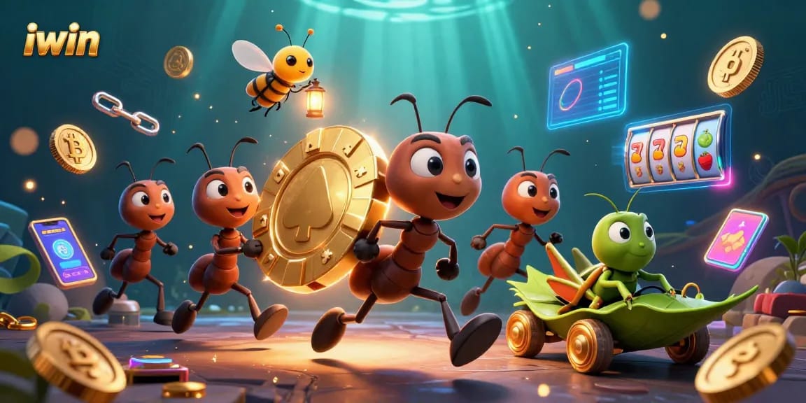 Watch the iwin ants' heist featuring a golden poker chip in a dynamic casino scene.