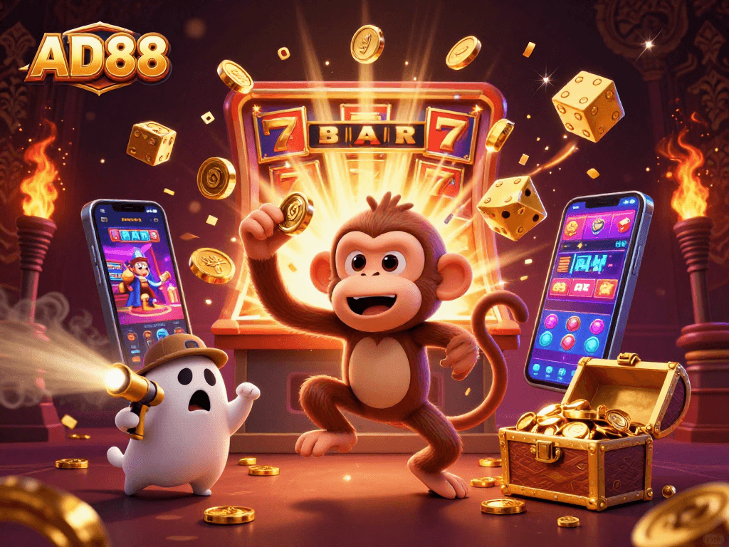 Engage with the thrilling gaming experience at AD88 as a mischievous poltergeist juggles golden treasures.