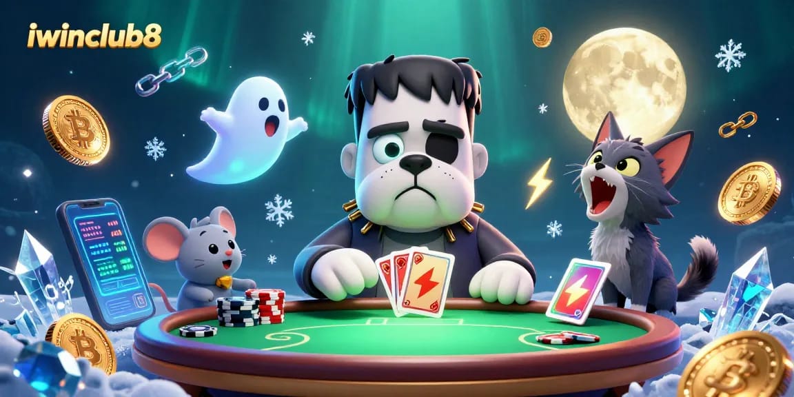 Engage with iwinclub8 while enjoying a lively game with our cartoon-themed poker scene.