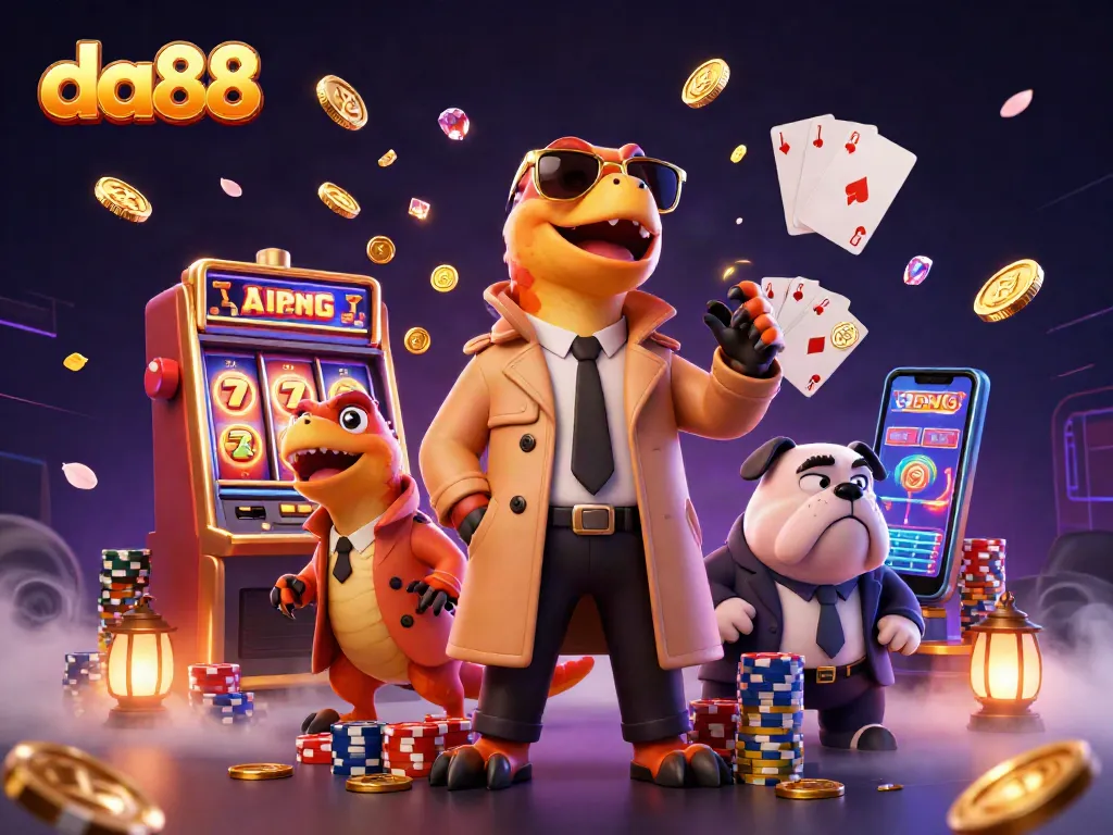 Experience thrilling gameplay at da88 with cartoon raptors entering a VIP lounge, showcasing slot machines and poker elements.