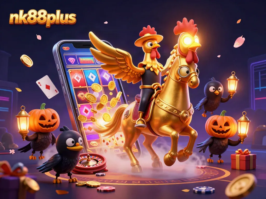 Experience vibrant winning action with nk88plus featuring a golden rooster and dynamic casino scenes.