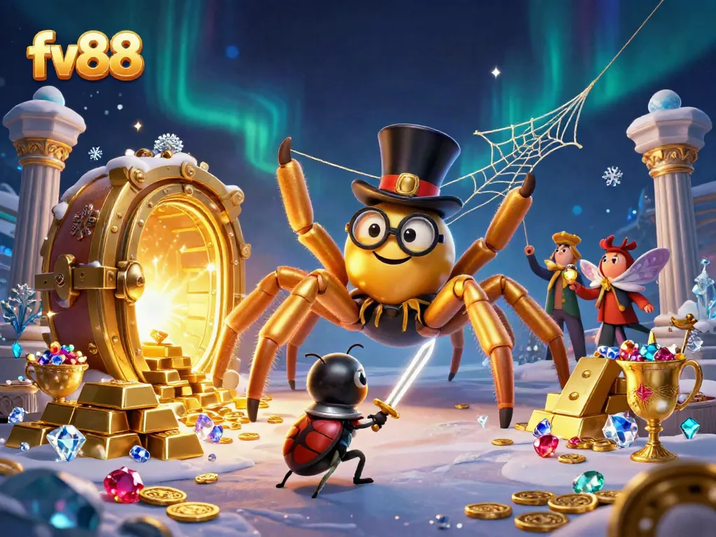 Spin the reels at fv88 with a giant golden tarantula and beetle knight surrounded by treasures.