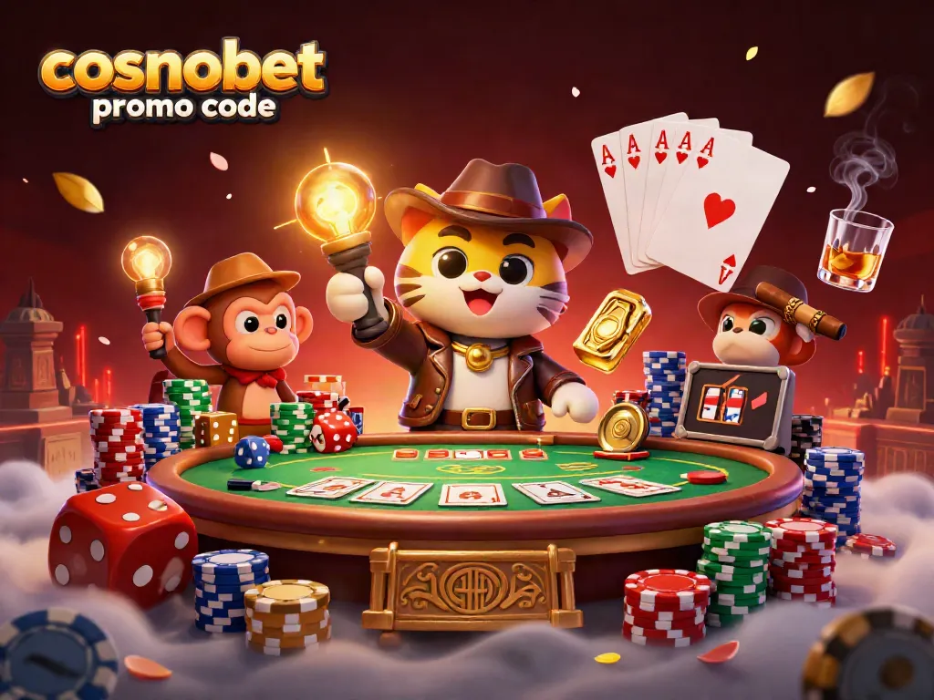 Experience thrilling gameplay with Cosmobet promo code, featuring a 3D illustration of an archaeologist cat and monkey.