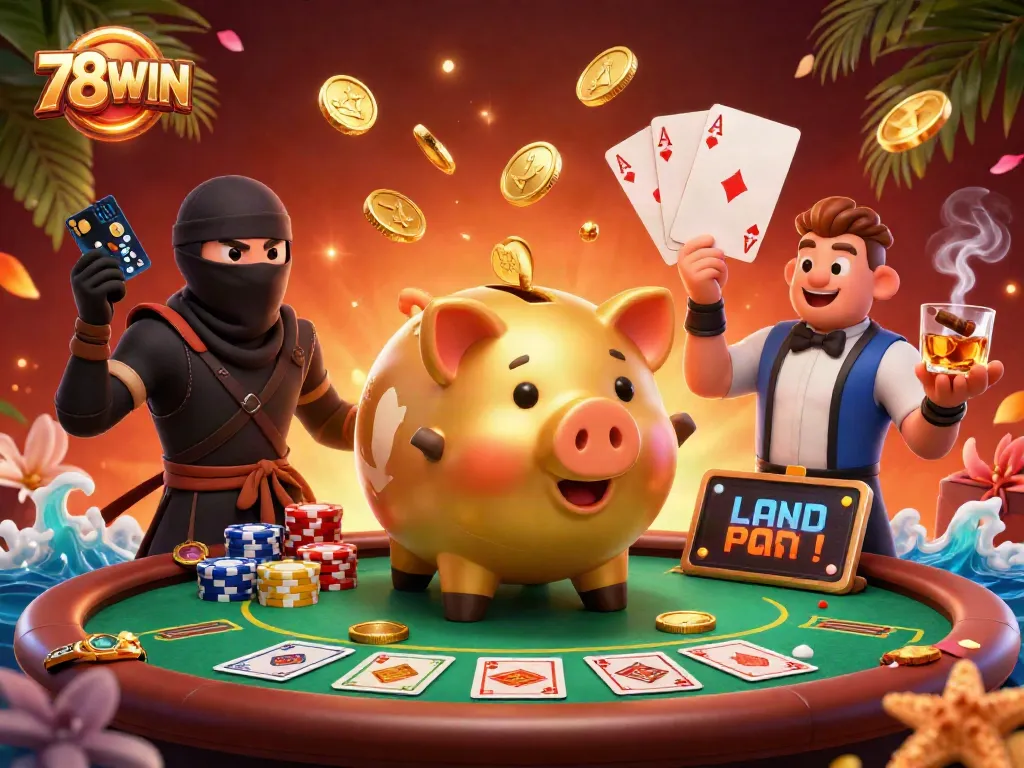 Engaging 78WIN tournament scene featuring a piggy bank sumo wrestler and opponents at a vibrant poker table.
