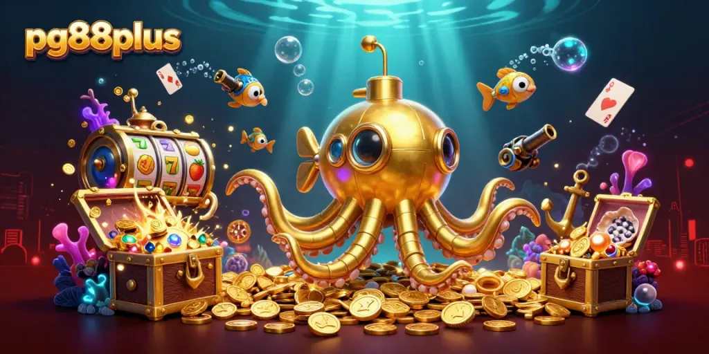 Experience thrilling gameplay with pg88plus as the golden kraken submarine navigates a treasure-filled casino underwater