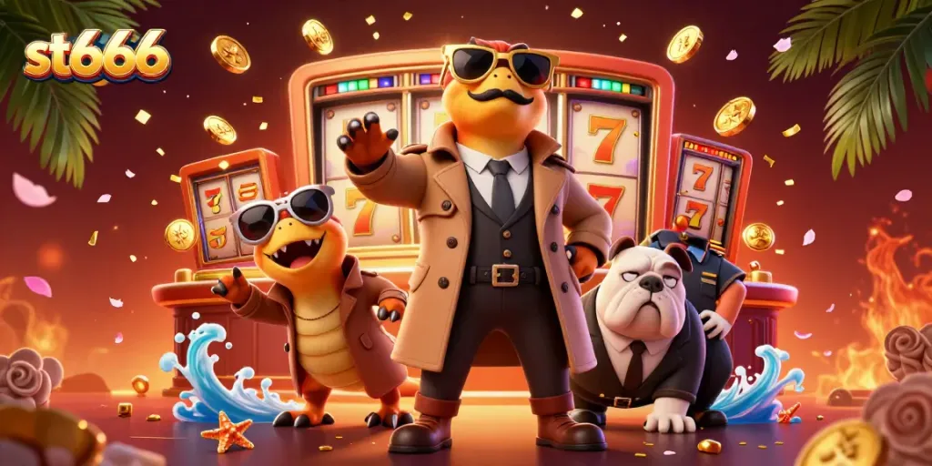 st666 celebrates thrilling wins with 3D cartoon raptors in a casino scene full of slots and confetti.
