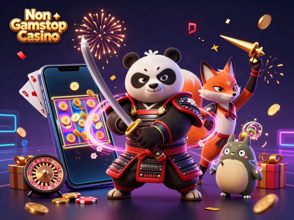 Engage with Non Gamstop Casino offerings featuring a dynamic scene of gaming activities amidst vibrant characters.