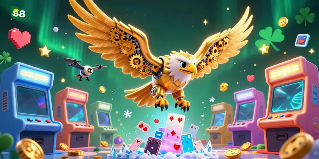 S8 gamers experience excitement diving into a vibrant casino world, featuring golden eagle and game elements.