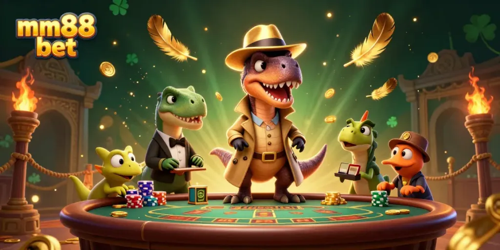 Engage in thrilling gameplay with mm88 bet at a captivating casino scene featuring unique dinosaur characters.