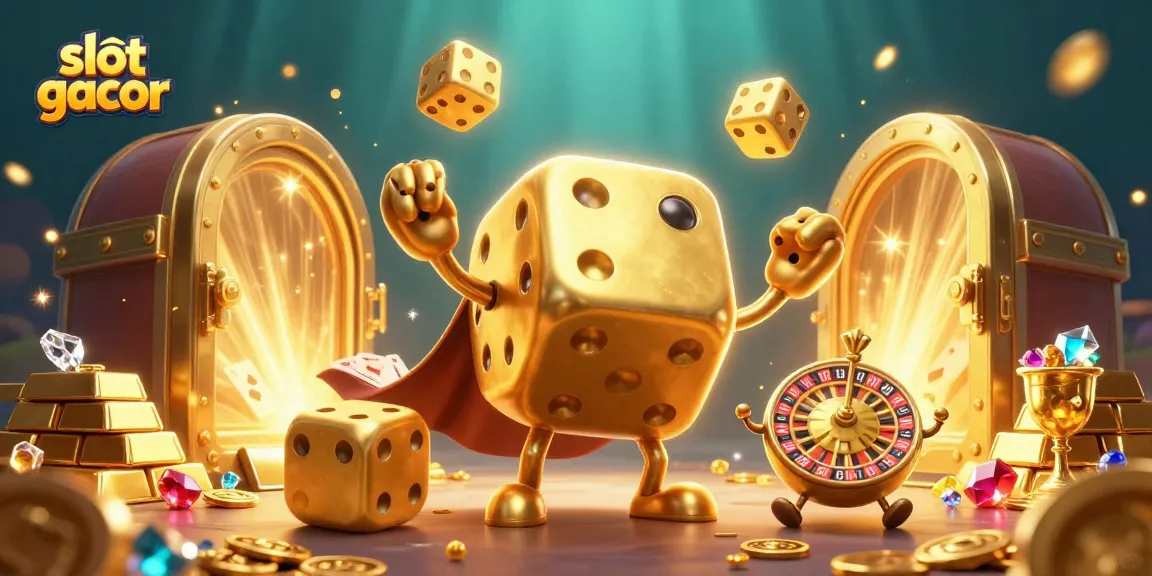 Experience the thrill of slot gacor with dynamic golden characters, sparkling treasures, and epic casino elements in this vibrant scene.