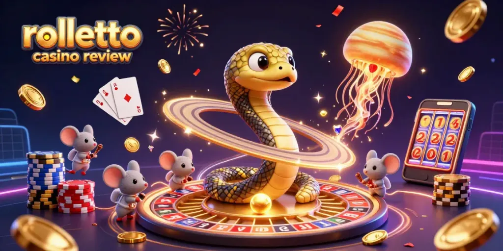 Interactive rolletto casino review scene showcasing unique cosmic characters and exciting casino elements.