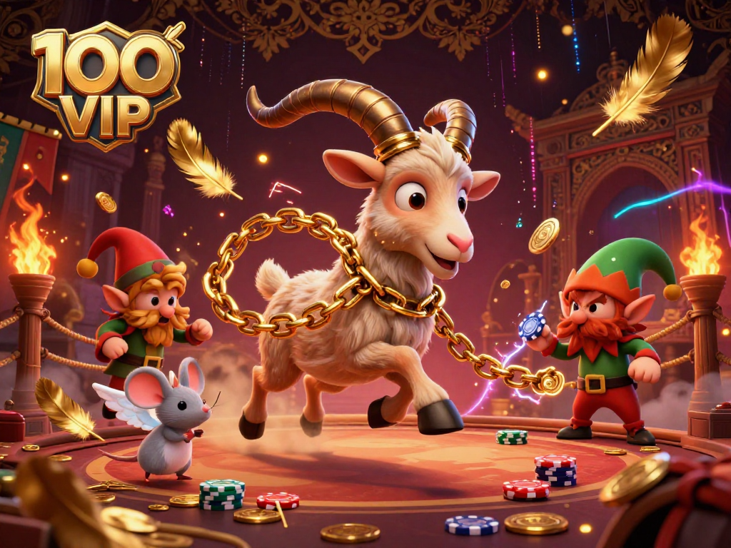 Experience thrilling action at 100 VIP casino with Krampus and festive characters in a vibrant casino scene.