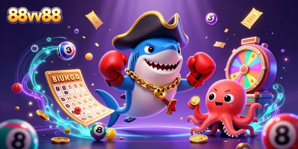 Engage in exciting gameplay with 88vv88, featuring vibrant characters like a pirate shark and games of chance.