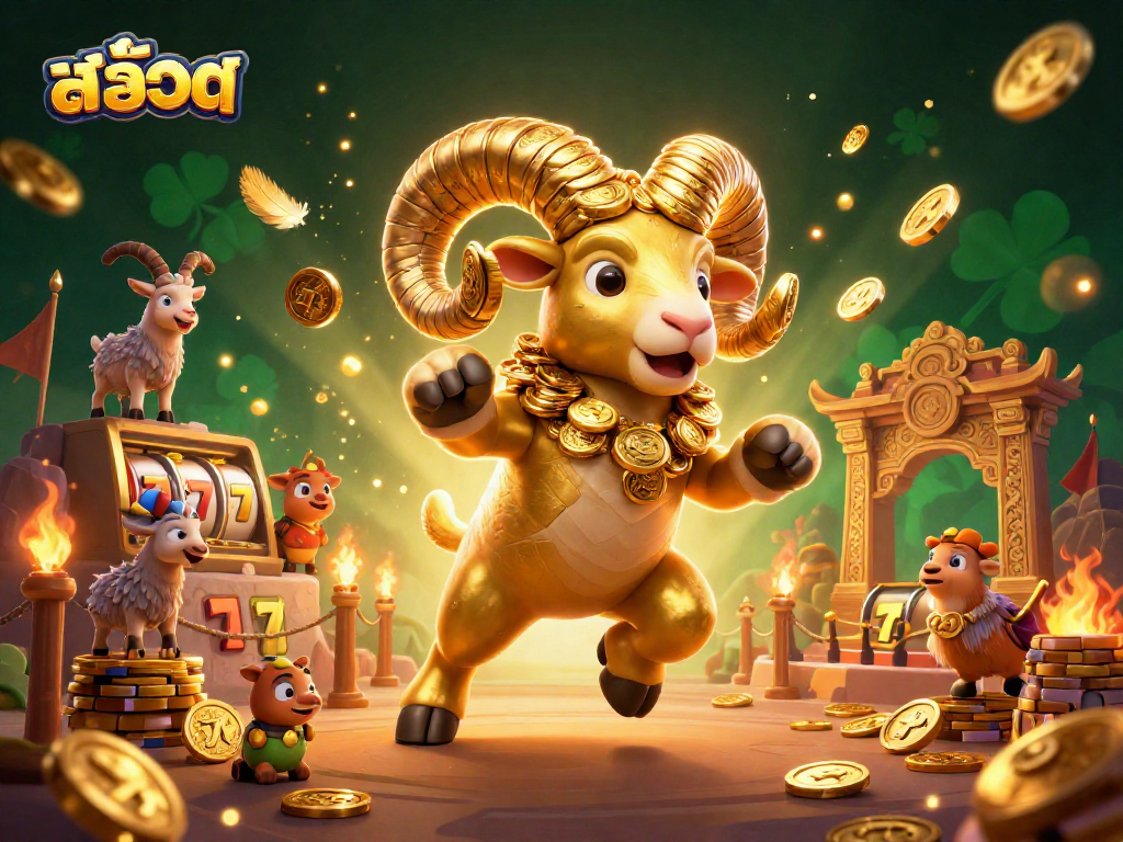 Engage with สล็อต through an exhilarating 3D scene featuring a golden ram and slot reels.
