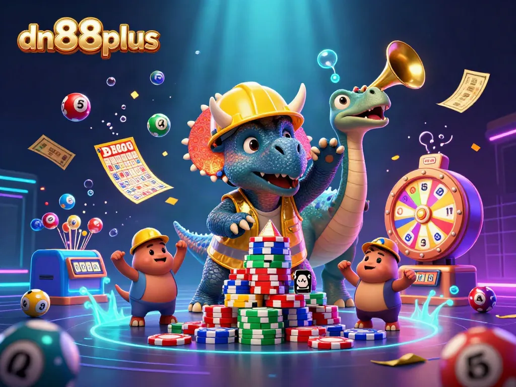 dn88plus showcases a vibrant 3D casino scene with a triceratops building poker chips and celebrating.