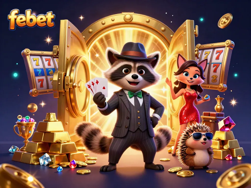 Experience the excitement of febet with a lively casino scene featuring a suave raccoon, a charming fox, and a vigilant hedgehog.