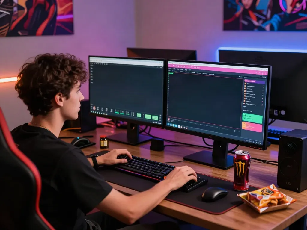 User engaging in sports betting on multiple screens with energetic atmosphere.
