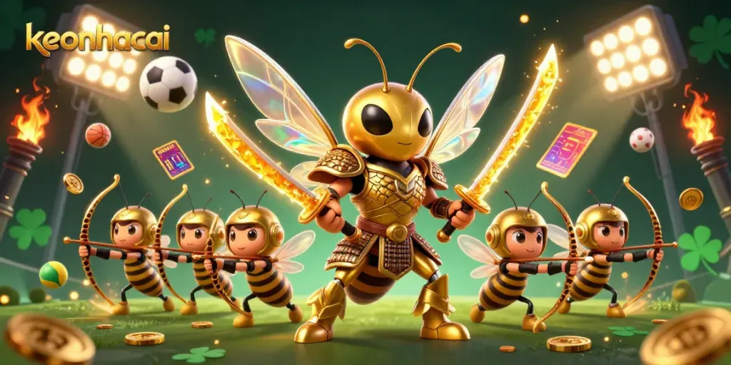 Watch a keonhacai scene featuring a golden hornet with bee archers amidst dynamic sports elements.