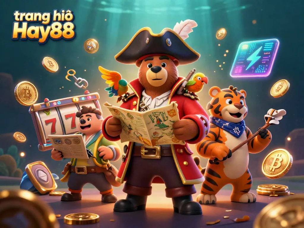 Experience the thrilling world at trang chủ Hay88 with a vibrant scene of a pirate bear captain and friends amidst slot games and crypto coins.