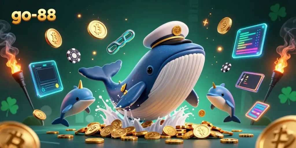 Experience the thrill of go-88 with a whimsical 3D scene featuring a whale, narwhal, and dolphins amidst falling coins and crypto elements.