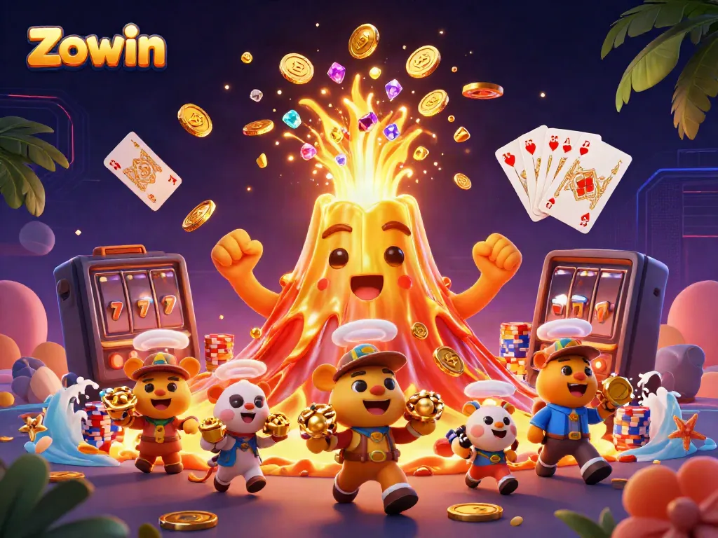 Zowin volcano erupts coins and gems, creating winning opportunities in a vibrant casino scene.