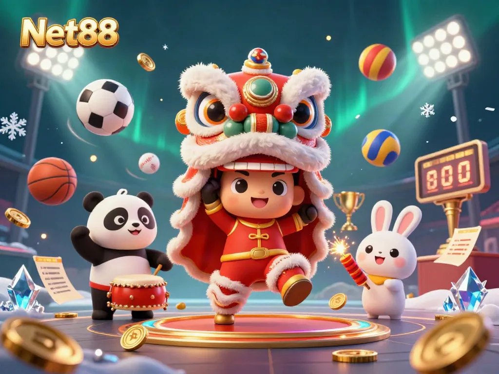 Bet on Net88 with vibrant casino action from a lion dance performing amidst sports elements