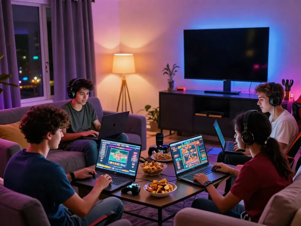 Friends enjoying da88 online gaming in a lively living room atmosphere