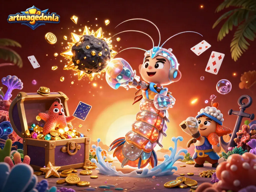 artmageddonla showcases a galactic mantis shrimp in an explosive casino adventure, revealing treasure and coins.