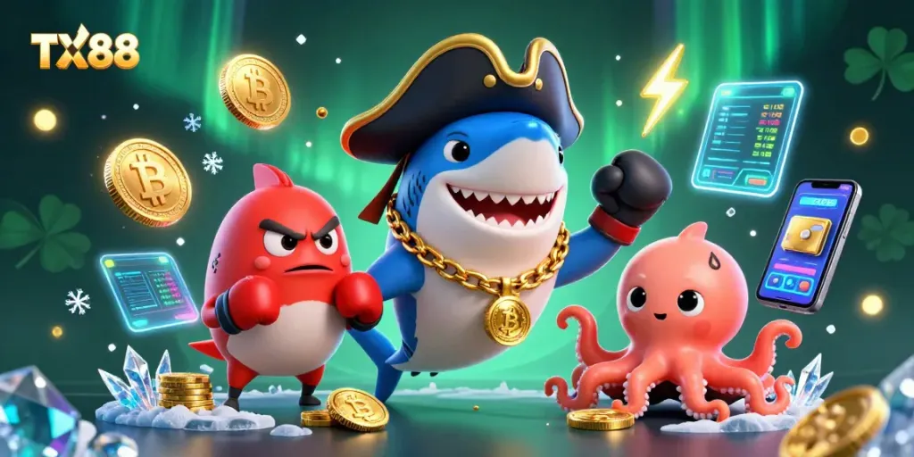 Join the excitement at TX88 with a vibrant casino scene featuring colorful characters and crypto elements.