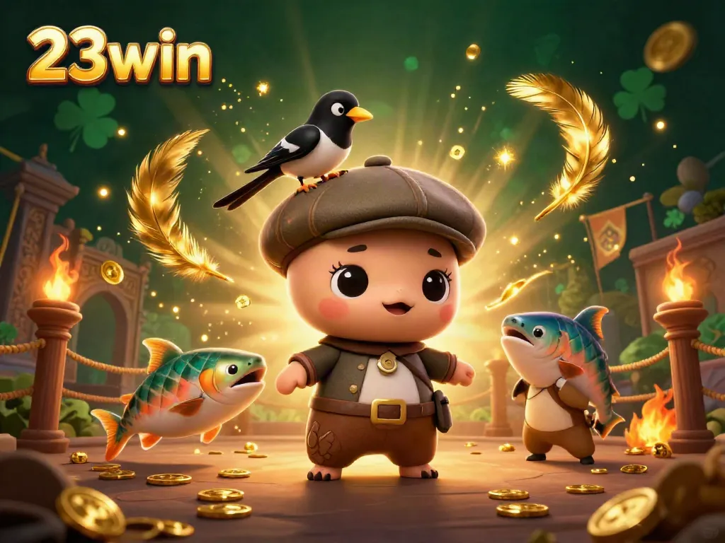 Experience big wins at 23win with a playful cartoon Nessie and gold coins scattering excitement.