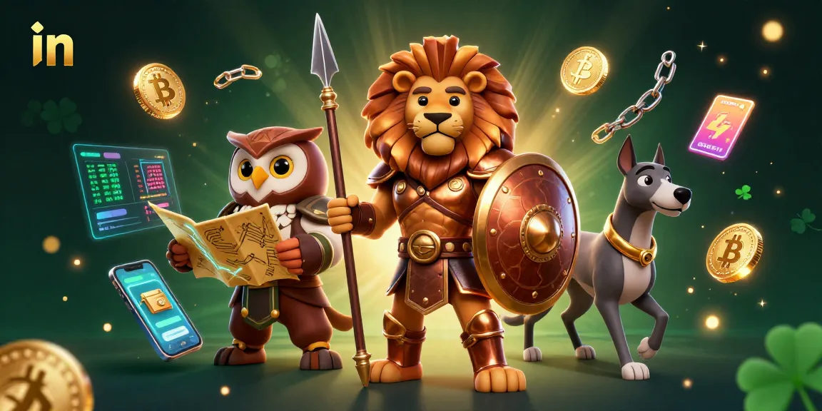 Bet on strategic moves in this vibrant casino-themed illustration featuring a Spartan lion and crypto elements.