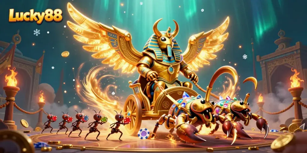 Experience the excitement of Lucky88 with a vibrant 3D carnival of gaming elements and characters.