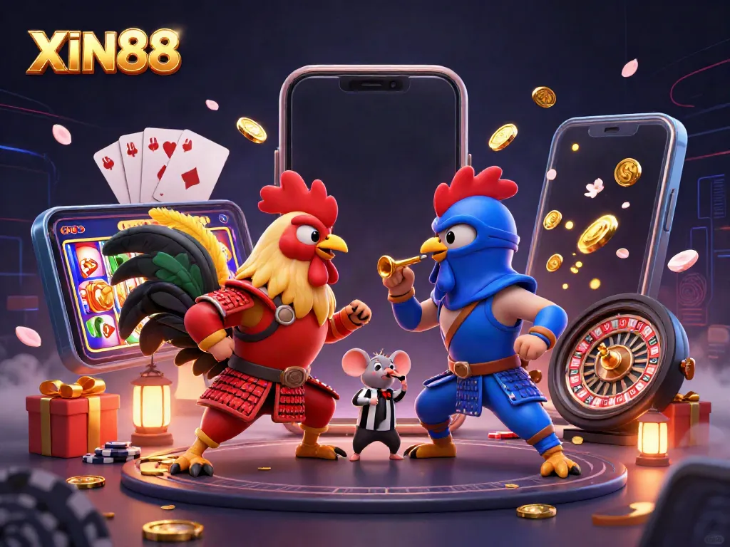 Experience thrilling battles in XIN88's vibrant casino universe, featuring 3D rooster warriors clashing.