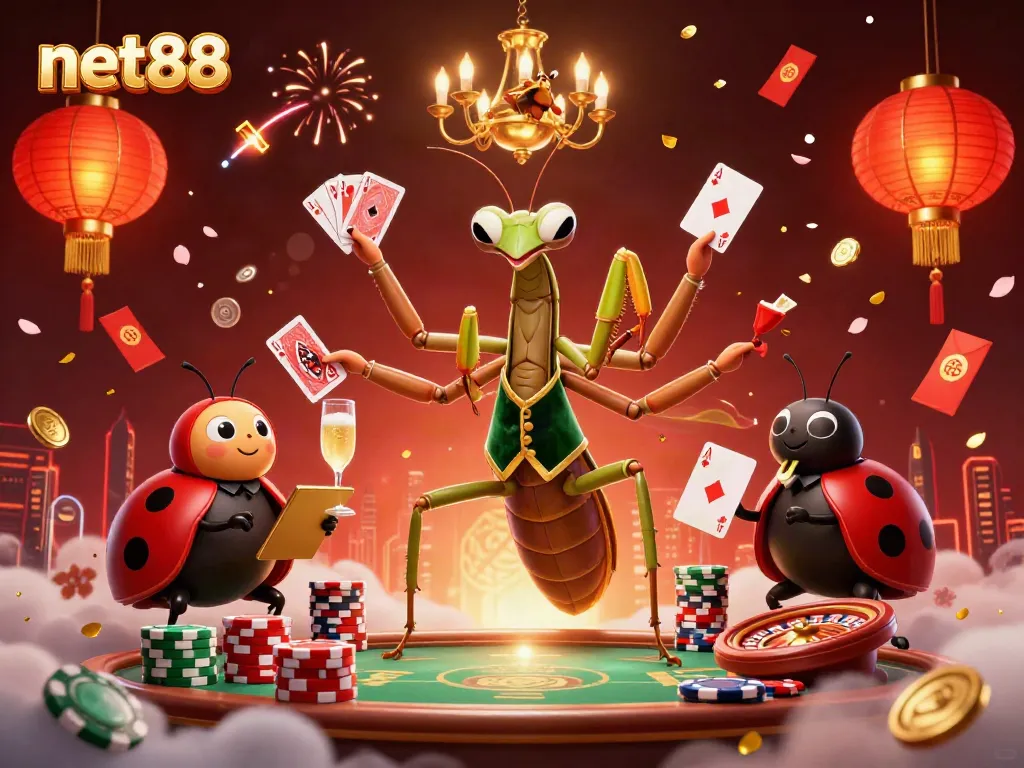 Experience the excitement of net88 with a vibrant casino scene featuring cartoonish characters and dynamic game elements.