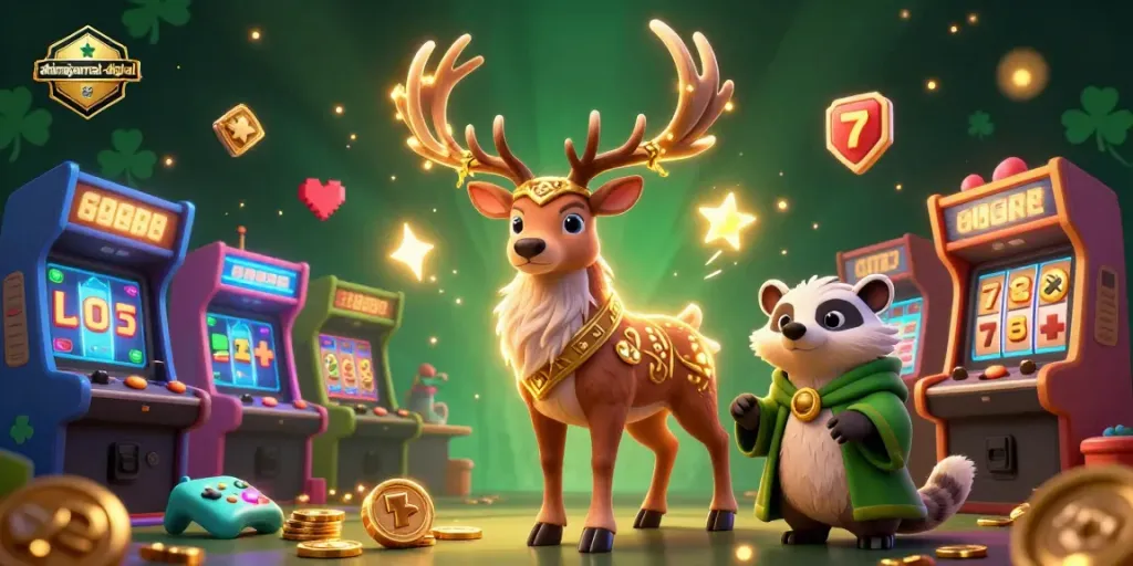 Engage with ahimajournal-digital's vibrant 3D casino illustration featuring a Celtic druid stag amidst slot machines.